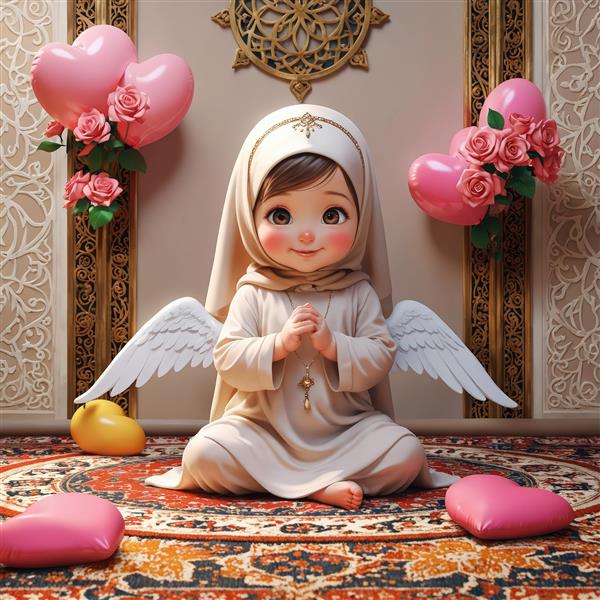 تصویر کودک فرشته‌ای با حجاب و بال‌های سفید، در احاطه گل و بادکنک قلبی و جشن تکلیف