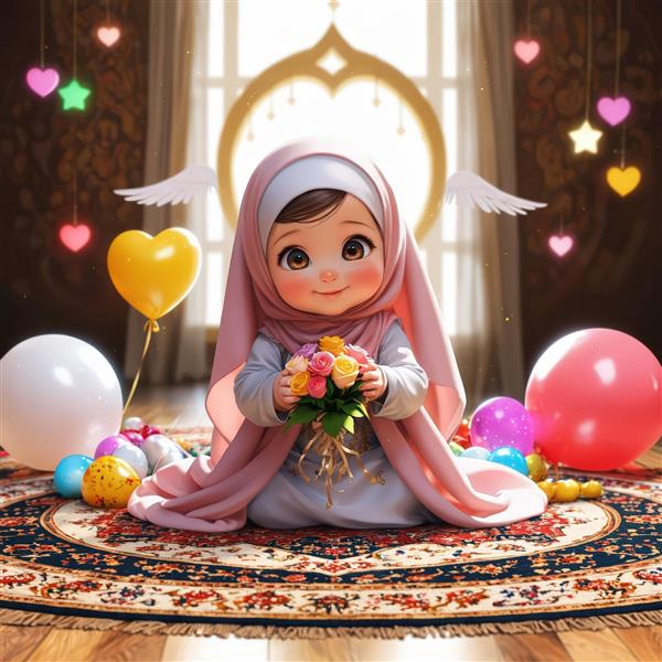 تصویر کودک با حجاب و دسته گل در جشن تکلیف با بادکنک و دکور رنگی