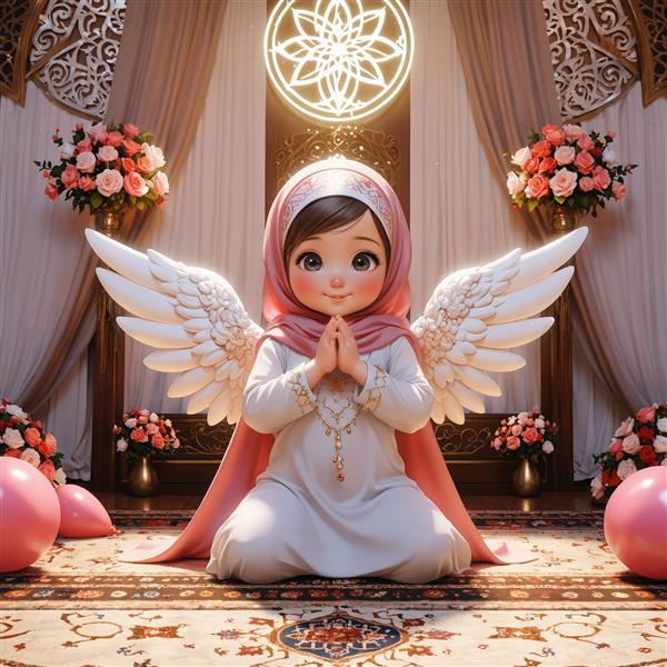 فرشته کوچک با بال‌های بزرگ سفید، حجاب صورتی و دکور جشن تکلیف