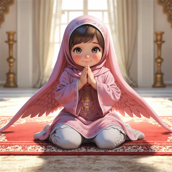 عکس پروفایل کودک فرشته‌ با حجاب صورتی، بال بزرگ و دکوراسیون سلطنتی