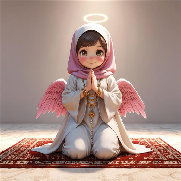 تصویر کودک با حجاب، بال صورتی و تسبیح در حال عبادت روی فرش اصیل