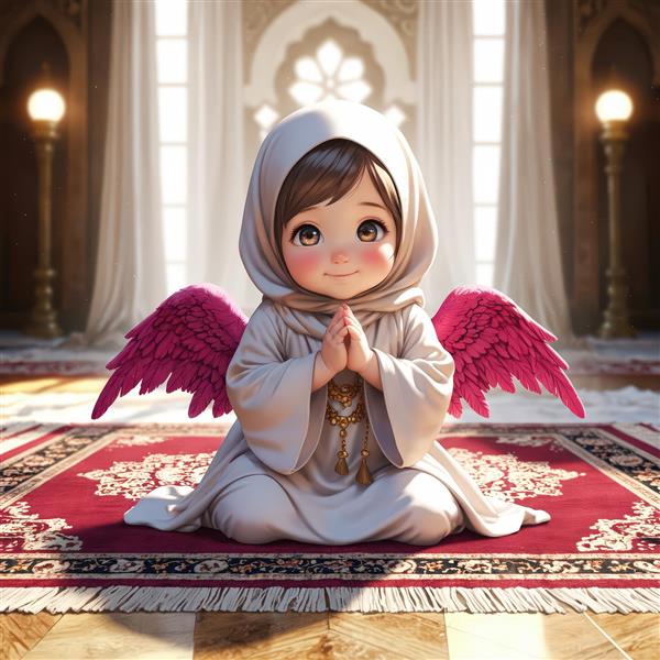 عکس باکیفیت کودک با حجاب و بال‌های سرخابی روی سجاده قرمز