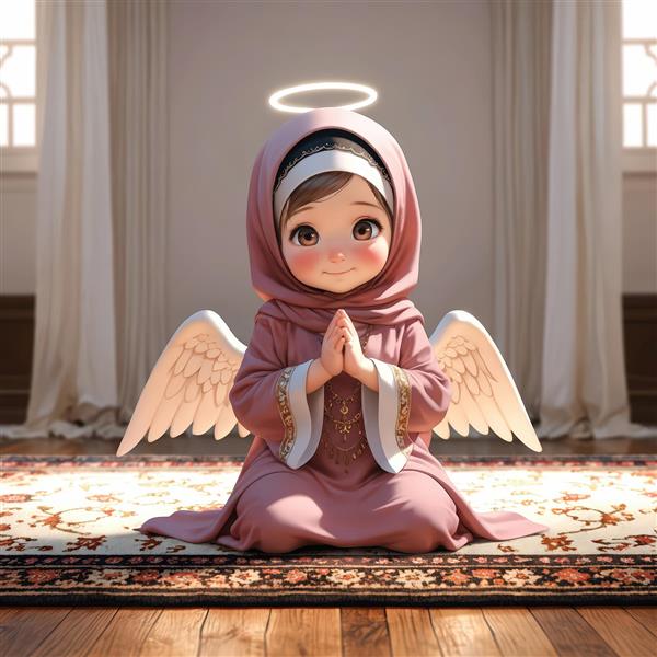کودک مسلمان فرشته‌نما با هاله نور، بال سفید و لباس صورتی در حال دعا