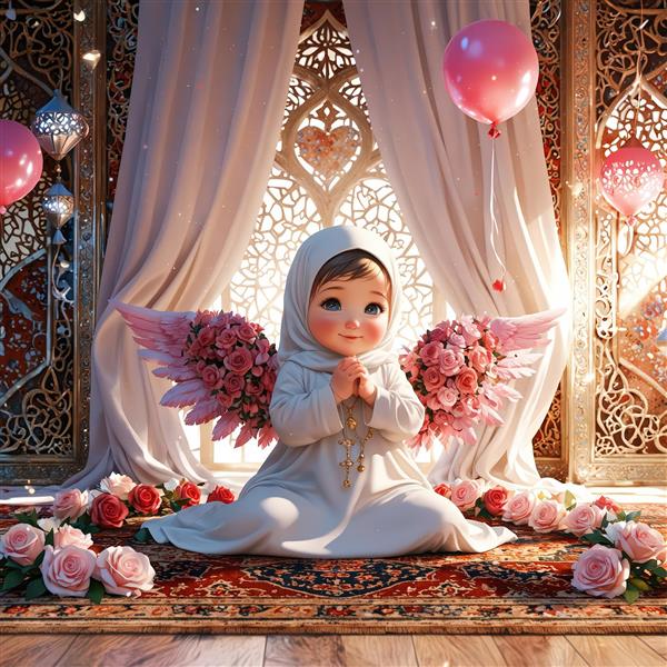 تصویر فرشته کوچک با حجاب سفید، بال‌های گلی صورتی و دکوراسیون اسلامی