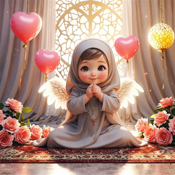 عکس فرشته کوچک با بال و حجاب، بادکنک قلبی و گل‌های رز صورتی