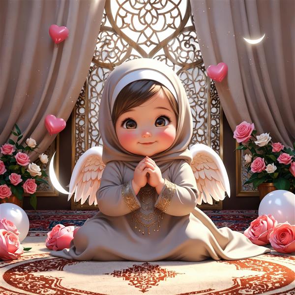 تصویر کودک فرشته‌ای با حجاب، بال سفید و گل رز در جشن تکلیف