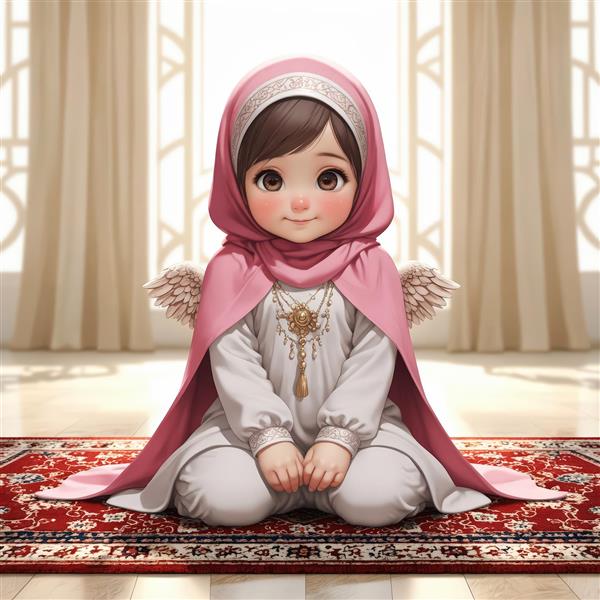 طرح فرشته محجبه صورتی با گردنبند آویز و دکوراسیون کلاسیک، باکیفیت بالا