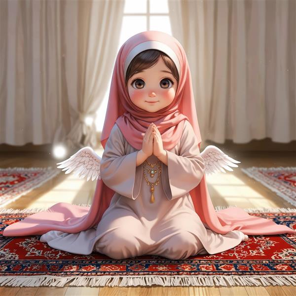 تصویر اورجینال فرشته محجبه با پس زمینه نورانی، با بال‌های کوچک سفید