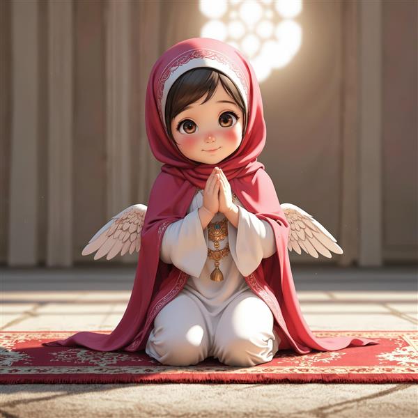پوستر فرشته محجبه با شال قرمز، در حال نماز در محیط روشن مذهبی
