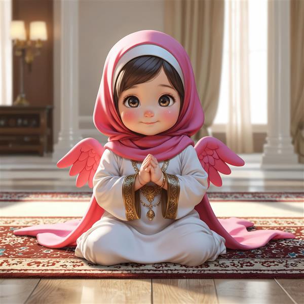 تصویر فرشته محجبه صورتی با لباس سفید و طلایی، مناسب پوستر دکوراتیو