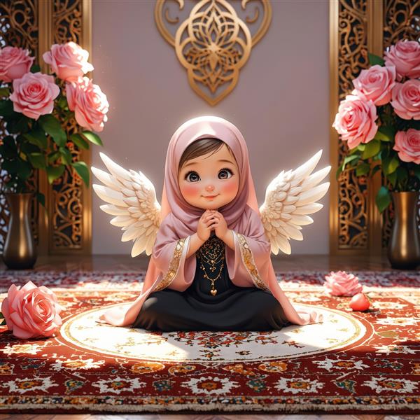 طرح کودک فرشته محجبه صورتی، نشسته روی قالیچه با گلدان‌های گل رز