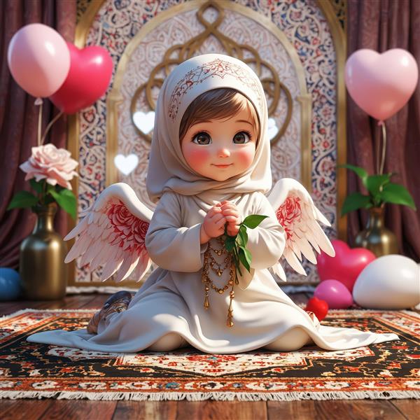 تصویر فرشته محجبه با تسبیح و شاخه گل، فانتزی و باکیفیت عالی برای چاپ