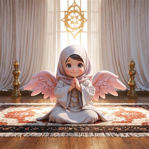 پوستر فرشته محجبه صورتی در حال نماز، مناسب چاپ تابلو و محصولات مذهبی