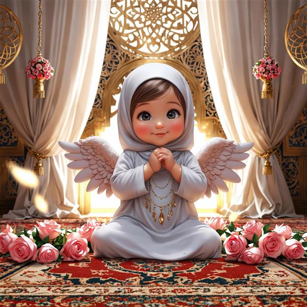 طرح فرشته محجبه در حال دعا با بال‌های صورتی و دکوراسیون سنتی و گل