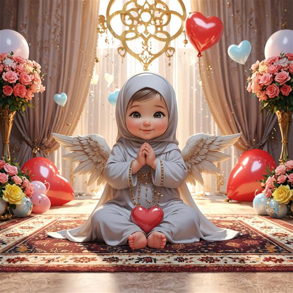 تصویر باکیفیت فرشته محجبه کودک با قلب‌های بادکنکی، مناسب ولنتاین مذهبی