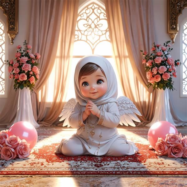 پوستر فرشته محجبه در حال نیایش، طرح جشن تکلیف با دکوراسیون مجلل و گل