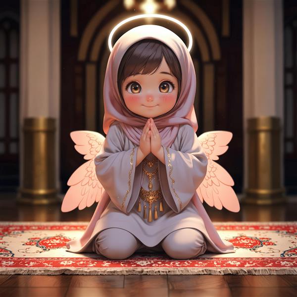 پوستر اورجینال فرشته محجبه با هاله‌ی نور و بال‌های صورتی، مناسب چاپ تابلو