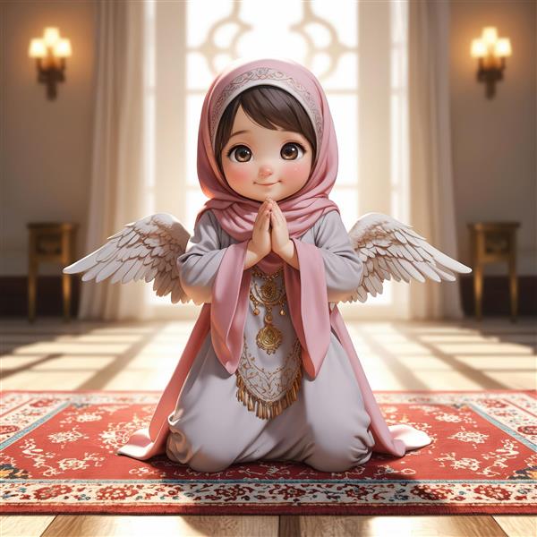 طرح فرشته محجبه کودک در حال دعا با دکوراسیون مسجد (یا تالار مذهبی)