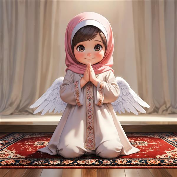 تصویر زیبای فرشته محجبه کودک، در حال نماز یا نیایش، طرح دکوراسیون