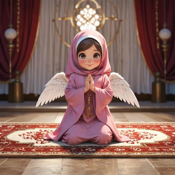پوستر فرشته دختر محجبه صورتی با بال سفید، مناسب چاپ عریض مذهبی