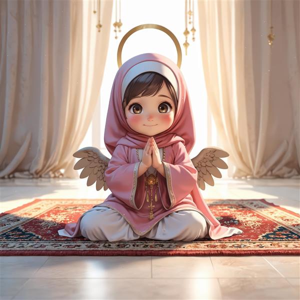 تصویر مینیاتوری فرشته محجبه در حال دعا، با پس‌زمینه روشن و هاله نور