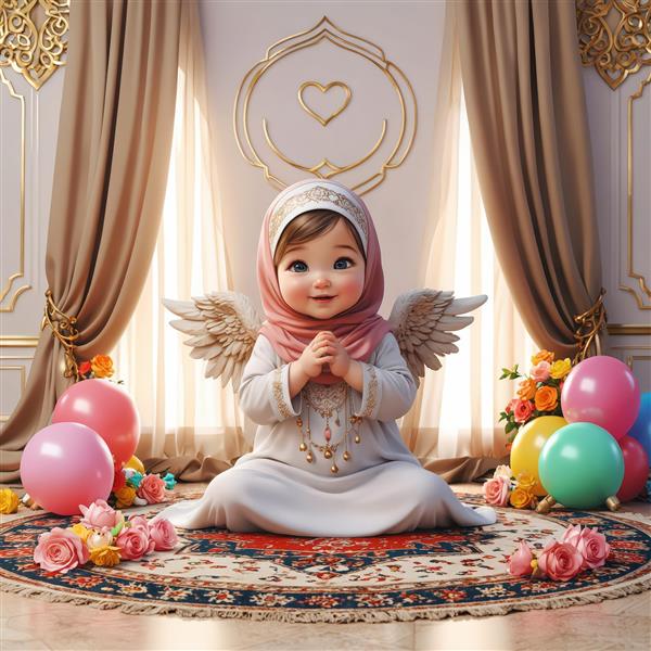 تصویر فرشته دختر محجبه با بادکنک و گل برای تبریک مناسبت‌های مذهبی