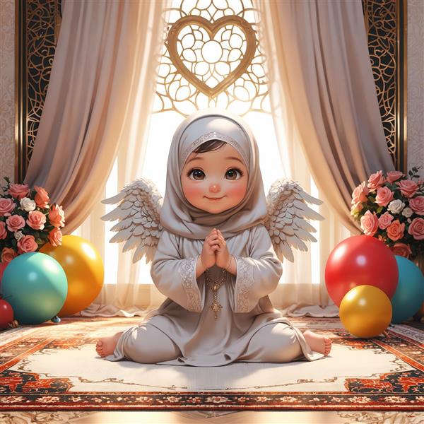 پوستر فرشته محجبه کودک با هاله نور و دکوراسیون طلایی، باکیفیت عالی