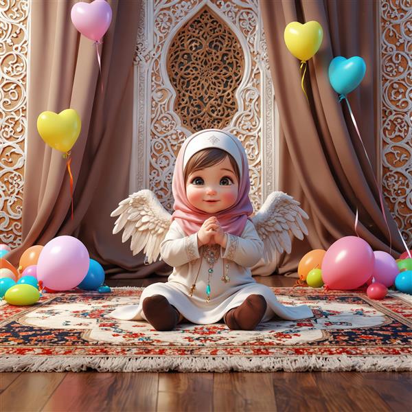 طرح فرشته دختر محجبه با بادکنک‌های رنگی، اورجینال برای پوستر اتاق کودک