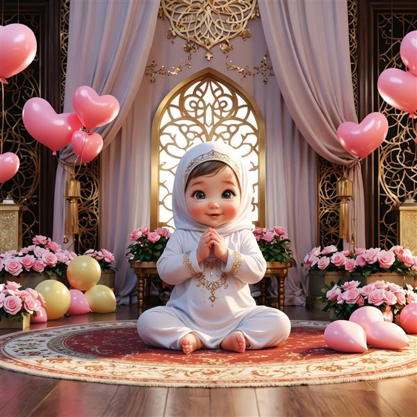 تصویر باکیفیت فرشته محجبه کودک در حال دعا، مناسب چاپ تابلو جشن تکلیف