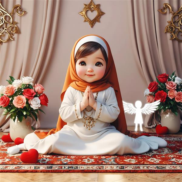 پوستر دختر محجبه فرشته با حجاب نارنجی و قلب، طرح جشن تکلیف و مذهبی