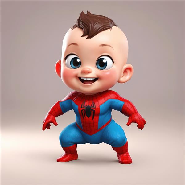 نوزاد بامزه با مدل موی خاص در لباس اسپایدرمن، تصویر فانتزی باکیفیت