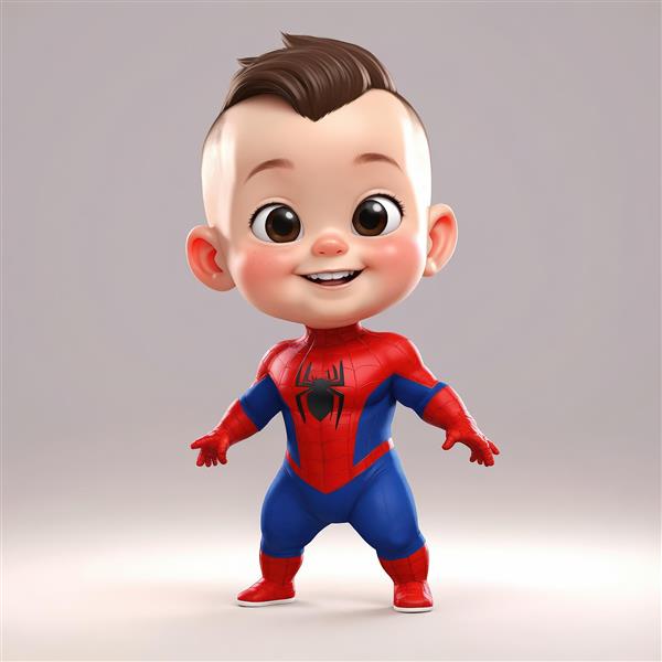 تصویر فانتزی نوزاد بامزه در لباس اسپایدرمن با موهای فشن