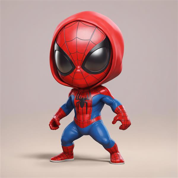 طرح چاپی مرد عنکبوتی با کلاه هودی در ژست قهرمانانه و رندر سه‌بعدی اورجینال