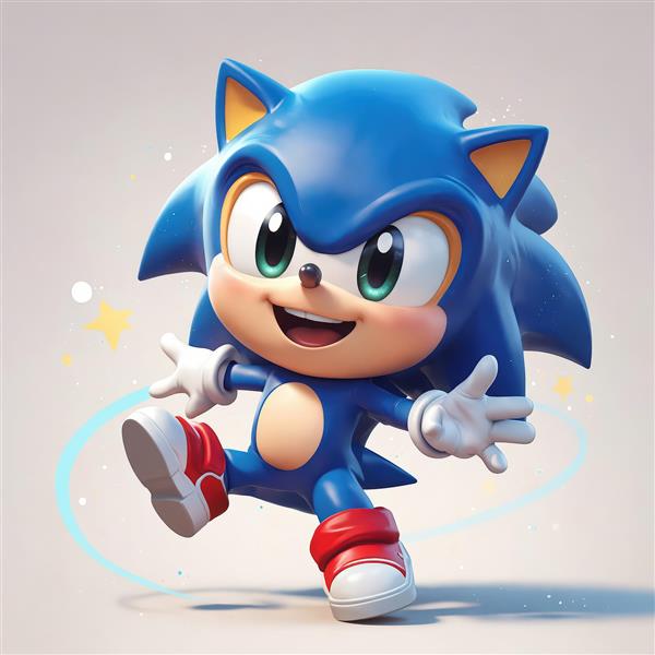 تابلو چاپی سونیک مینیاتوری در حال حرکت سریع با ردی از نور آبی و پس‌زمینه روشن و درخشان