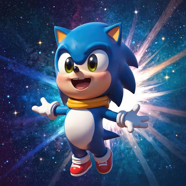 عکس اورجینال سونیک خندان با پس‌زمینه انفجار نوری و رنگ‌های کهکشانی برای چاپ عریض
