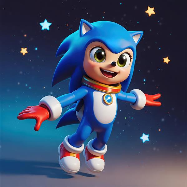 طرح دکوراتیو سونیک شاد در حال سقوط در فضا با کمربند طلایی و پس‌زمینه ستاره‌دار