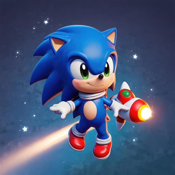 پوستر باکیفیت سونیک در حال پرواز با موشک اسباب‌بازی و پس‌زمینه کهکشان