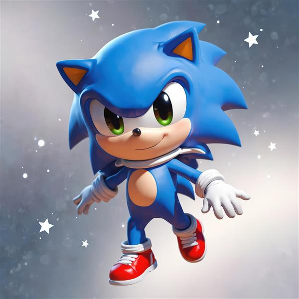 تابلو اورجینال سونیک با حرکت پرانرژی و پس‌زمینه ابر و ستاره برای چاپ Canvas