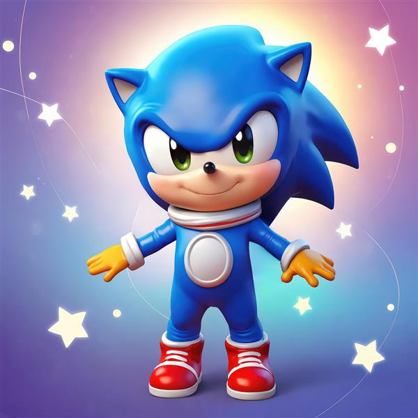 عکس باکیفیت سونیک با لباس فضانوردی با پس‌زمینه رنگارنگ و ستاره‌دار برای بوم