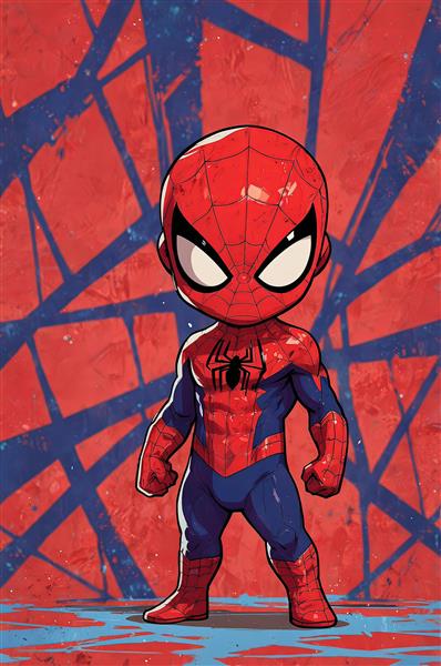 تابلو اورجینال مرد عنکبوتی کودکانه با زمینه شبکه‌ای قرمز و خطوط اَبستره آبی برای دکور