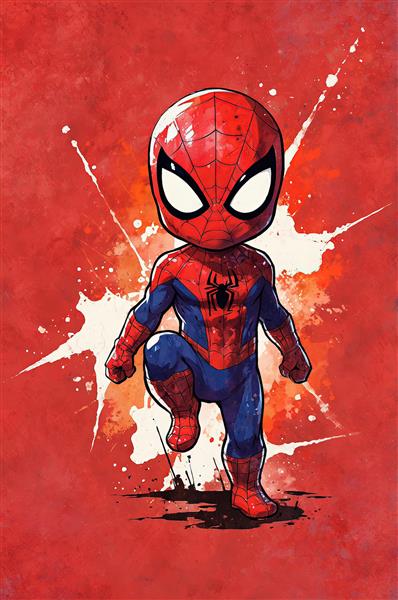 تصویر چاپی مرد عنکبوتی با ژست زانو زدن در حال مبارزه با پس‌زمینه لکه رنگ قرمز برای چاپ بوم