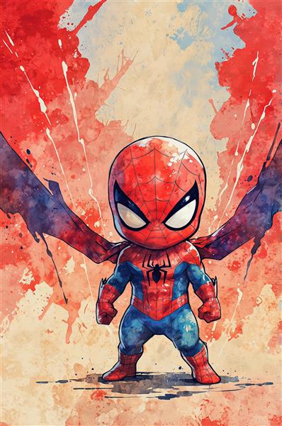 مدل نقاشی مرد عنکبوتی مینیاتوری با بال‌های آبرنگی و زمینه روشن برای چاپ عریض