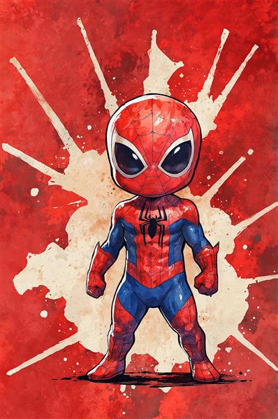 طرح چاپی مرد عنکبوتی چابی با پس‌زمینه تار عنکبوت و افکت لکه جوهر برای تابلو مدرن