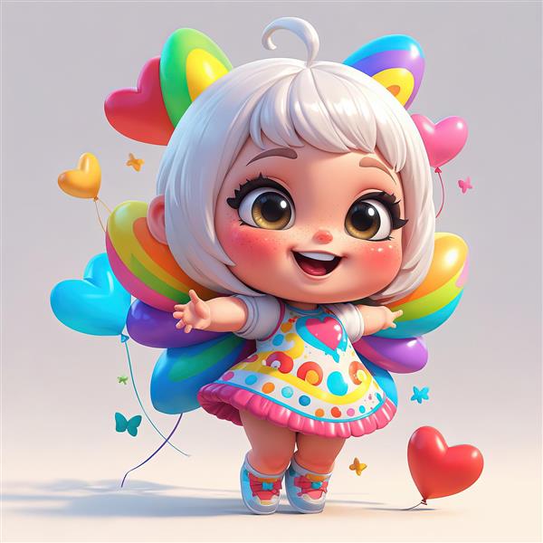 دختر کارتونی شاد با موهای صورتی و آبی و لباس طرح‌دار، احاطه شده با بادکنک‌ها و روبان‌ها