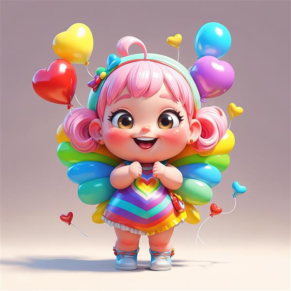 دختر بچه پرنده با بال‌های آبی و شاخک‌های صورتی، در حال پرواز با بادکنک‌های شاد