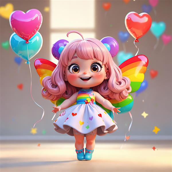 پوستر دختر فانتزی مو صورتی با ژاکت آبی و قلب زرد، در اتاق روشن با کفپوش رنگی