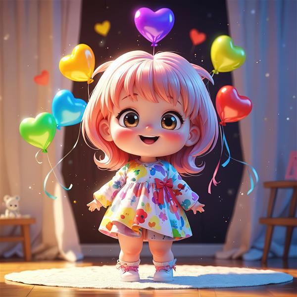 دختر کارتونی با موهای صورتی فر و پاپیون بزرگ، با بادکنک رنگین کمانی و قلب‌های فانتزی