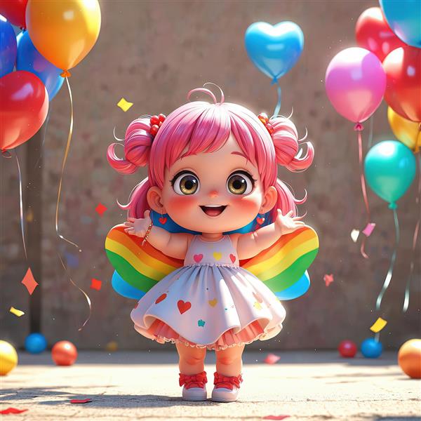 تصویر سه‌بعدی دختر بچه با موی نارنجی و لباس خالدار با بادکنک‌های قلبی شکل و ستاره