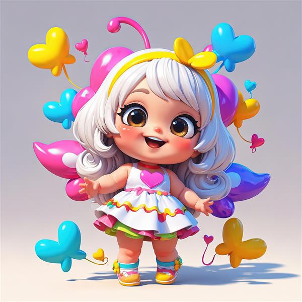 پوستر عروسک دخترانه کارتونی با موهای رنگین کمانی و بادکنک‌های شاد، مناسب دکور اتاق کودک