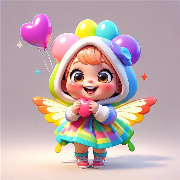 طرح دکوراتیو دختر پری با کلاه رنگین کمانی و بال، در حال نگهداری قلب صورتی